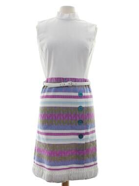 Vintage 70s Forget Me Not White Knit Geometric Fringe Midi Dress Women Small